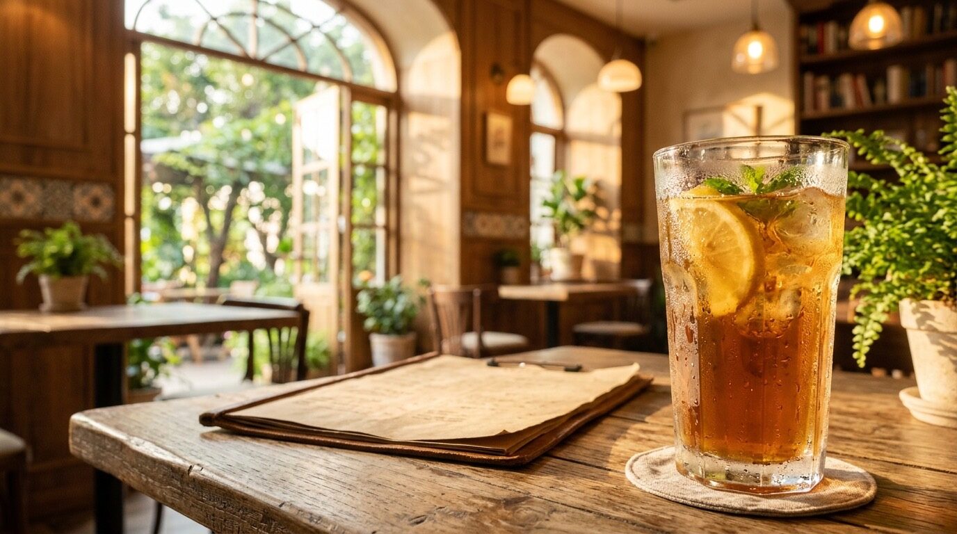A tall glass of iced tea with lemon on a sunlit wooden cafe table