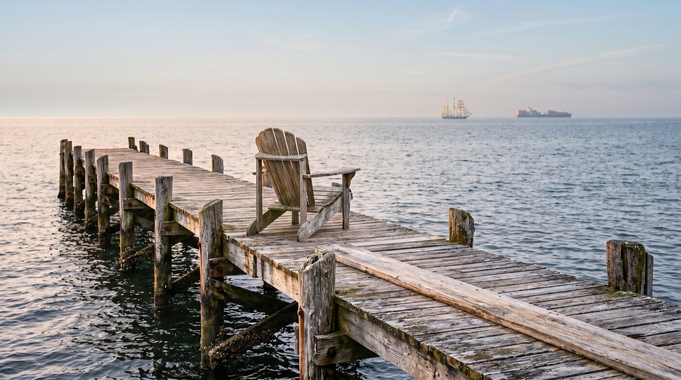 An empty Adirondack chair at the end of a weathered wooden pier at dusk