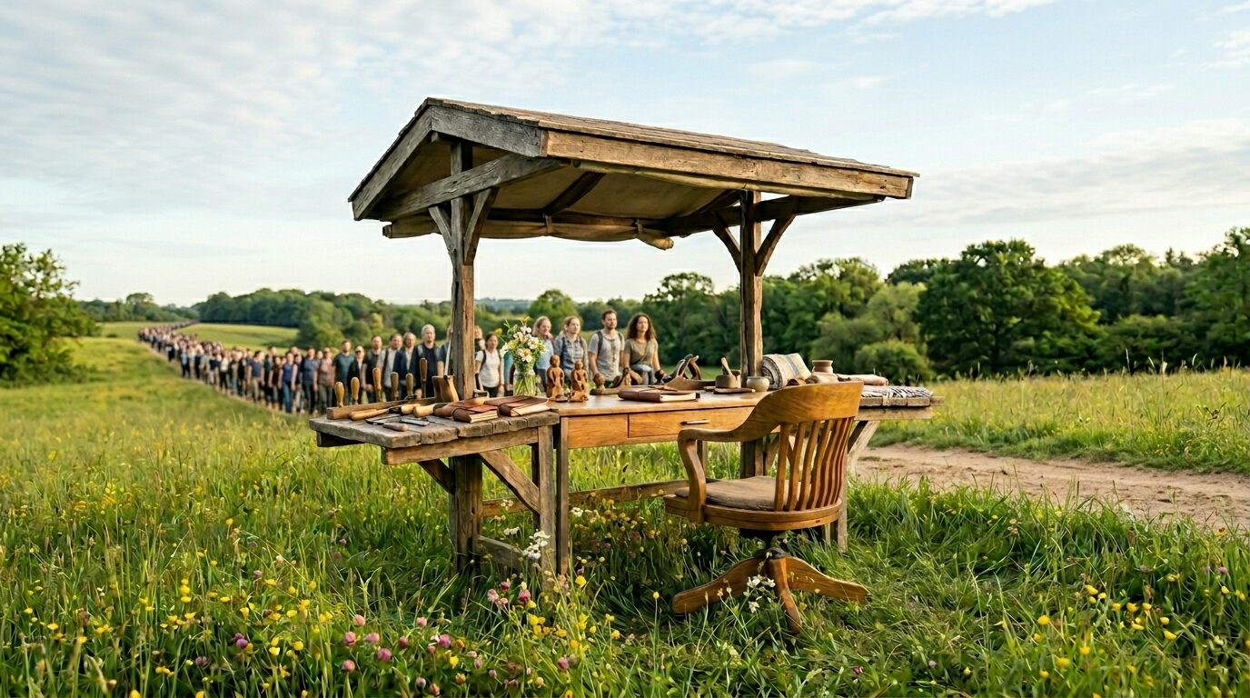 A covered wooden workbench in a sunlit meadow with a long line of people waiting